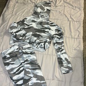 Gray camo sweatpants and hoodie matching set